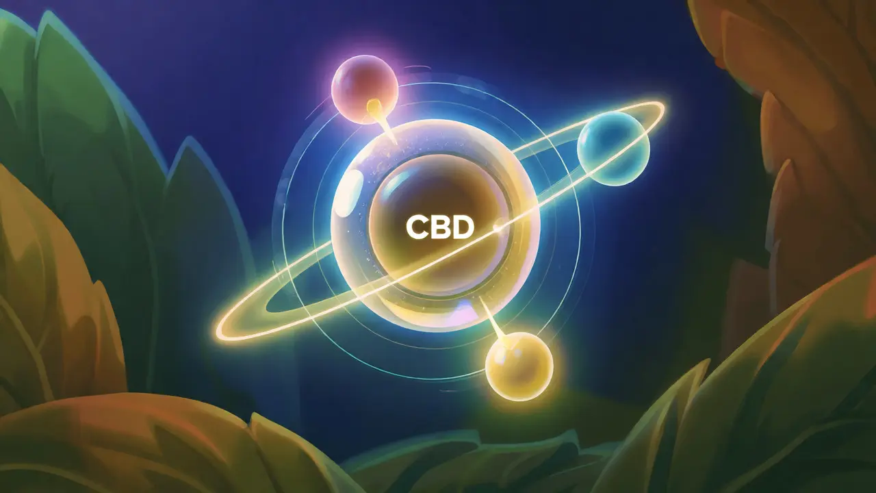 Konzeptuelle Darstellung des Entourage-Effekts durch interagierende Cannabinoid-Moleküle