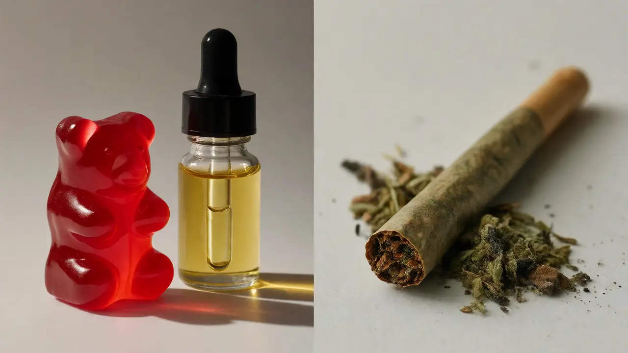 Makroaufnahme von CBD-Gummibärchen neben einem gerollten Joint