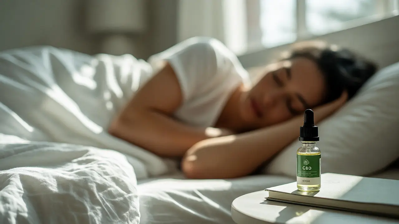 Mensch schläft ruhig im hellen Schlafzimmer neben einer CBD-Flasche.