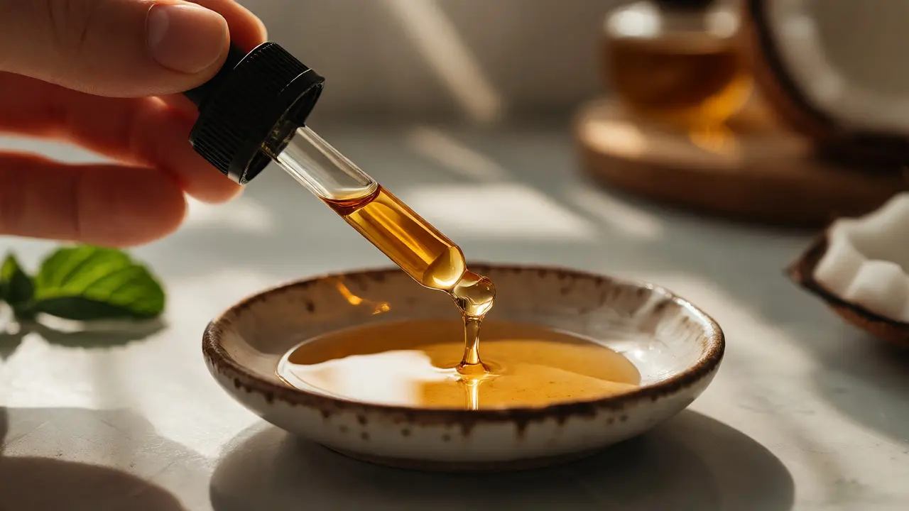 Nahaufnahme einer Hand, die CBD-Öl mit einer Pipette dosiert