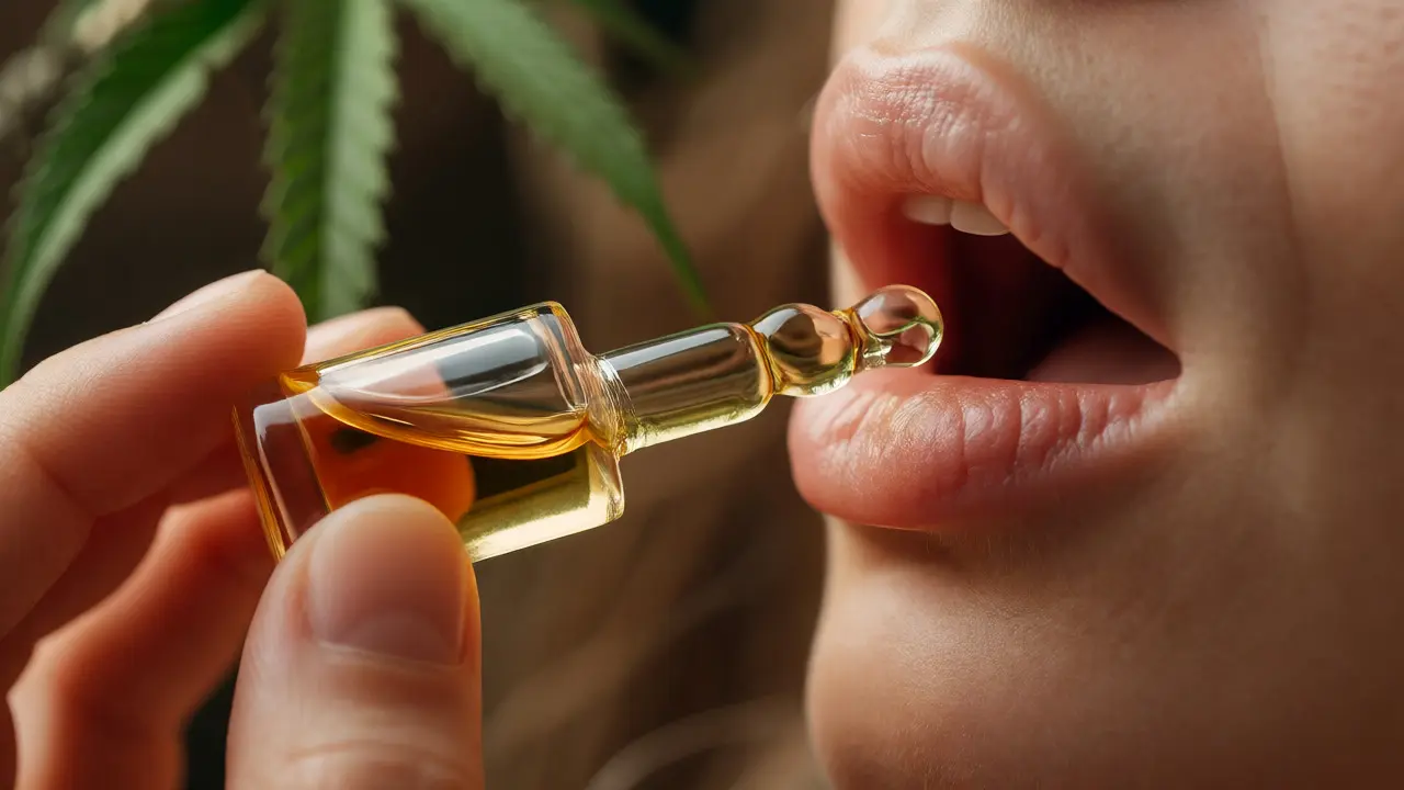 Nahaufnahme einer Hand mit einer Pipette voller CBD-Öl zur Einnahme unter der Zunge.