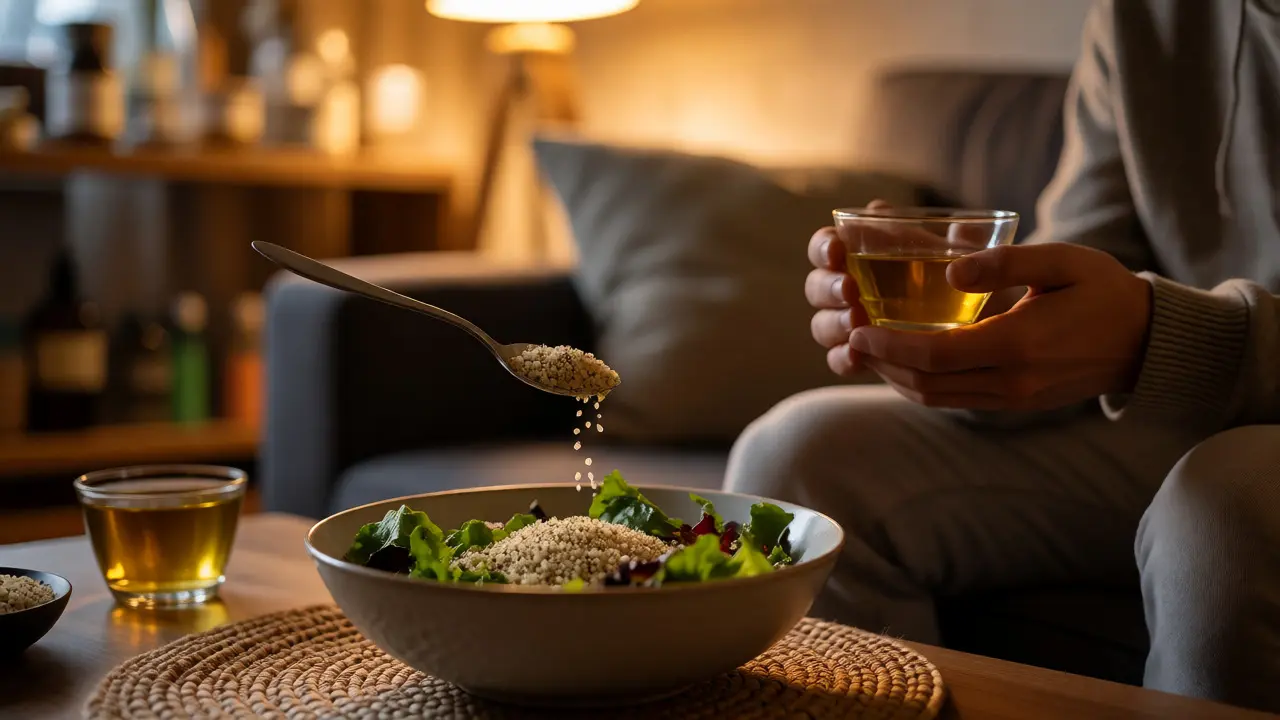 Person bei einer entspannten Abendroutine mit Hanfsamenöl im Salat und Tee