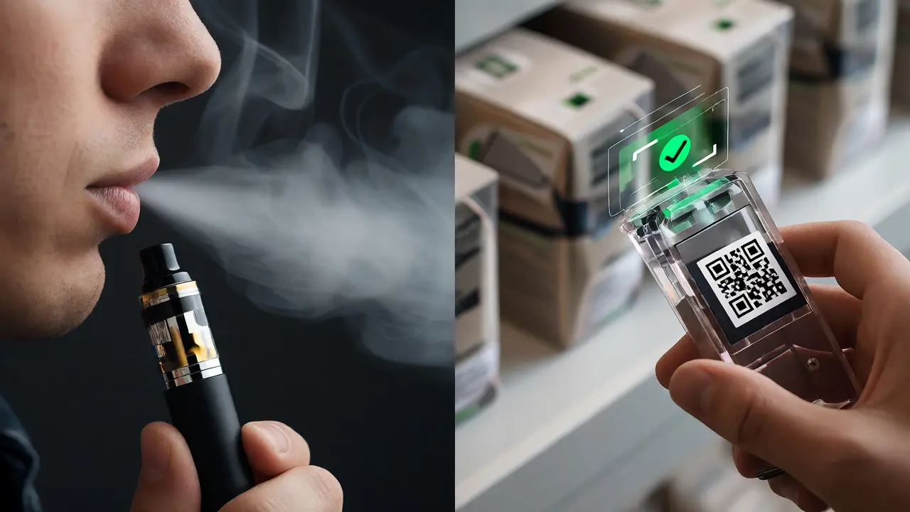 Person dampft neben einem Scanner, der ein Zertifikat prüft