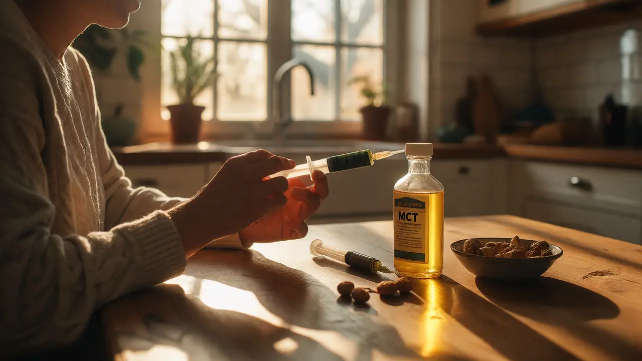 Person dosiert CBD-Paste mit einer Spritze an einem sonnenbeschienenen Tisch.