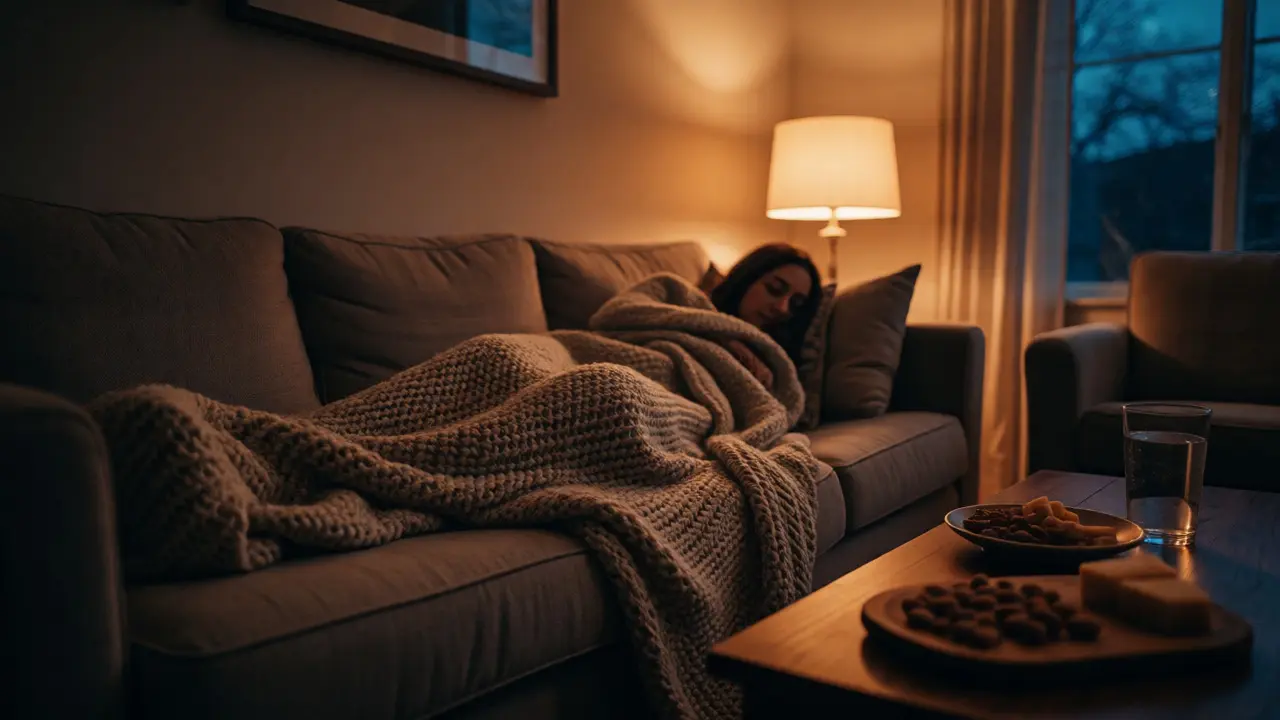 Person entspannt sich auf dem Sofa mit Snacks und Wasser.