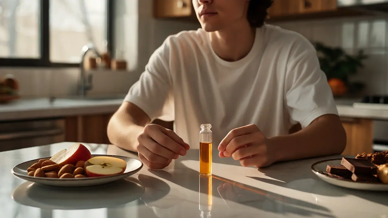 Person mit HHC-Öl und gesunden Snacks neben süßen Versuchungen in einer ruhigen Küche.