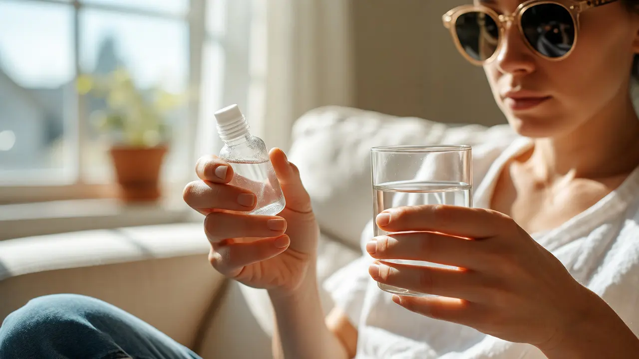 Person mit Sonnenbrille und Augentropfen