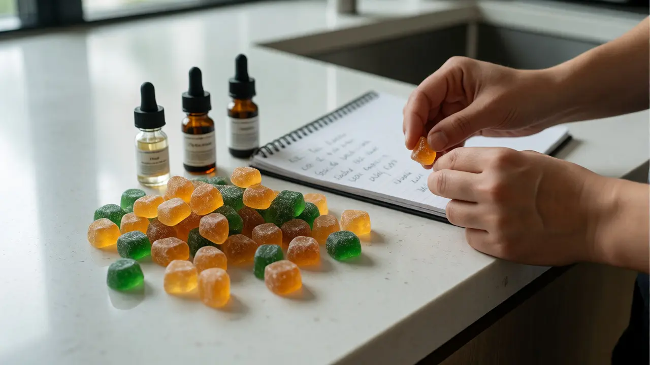 Person nimmt ein Gummibärchen auf einer modernen Küchenzeile