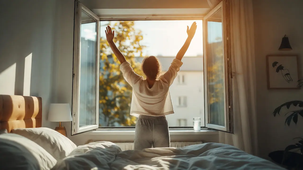 Person stretches happily by sunlit window after refreshing sleep