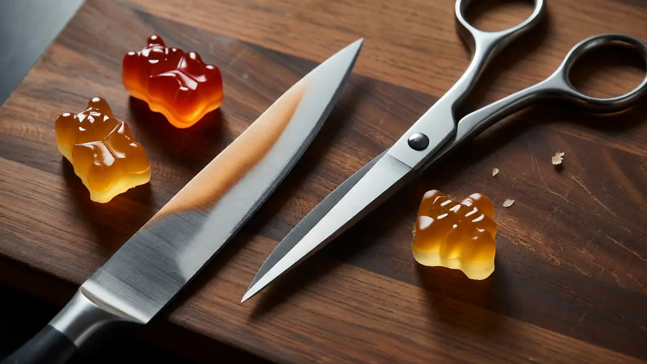 Scharfes Messer und Schere neben halbierten Gummibärchen