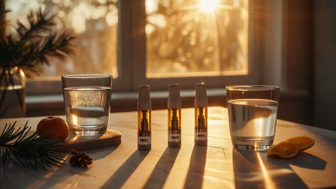 Vape-Patronen neben Wasser und natürlichen Zutaten im Sonnenlicht.