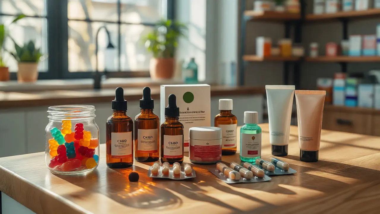 Vielfältige CBD-Produkte wie Gummies, Öl und Kapseln auf einem Tisch